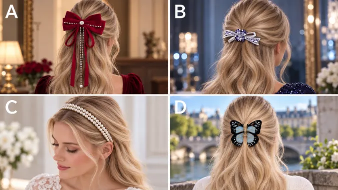 PICK A HAIR ACCESSORY. Options A, B, C, and D.