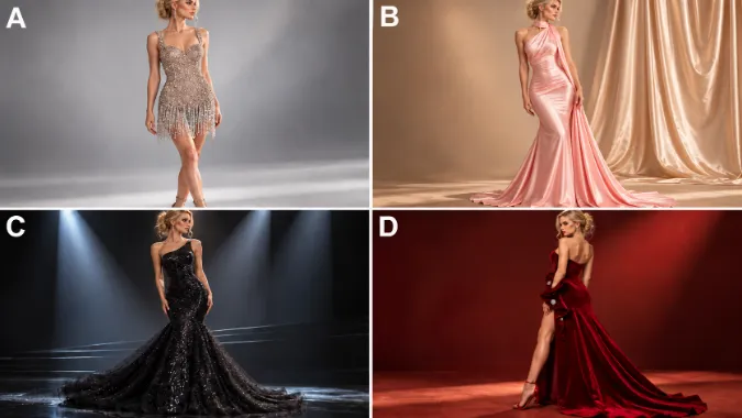 PICK A DRESS. Options A, B, C, and D.